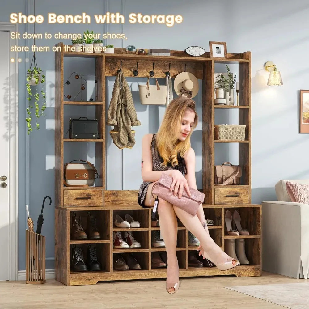 Hall Tree With Bench And Shoe Storage Organizer For Entryway