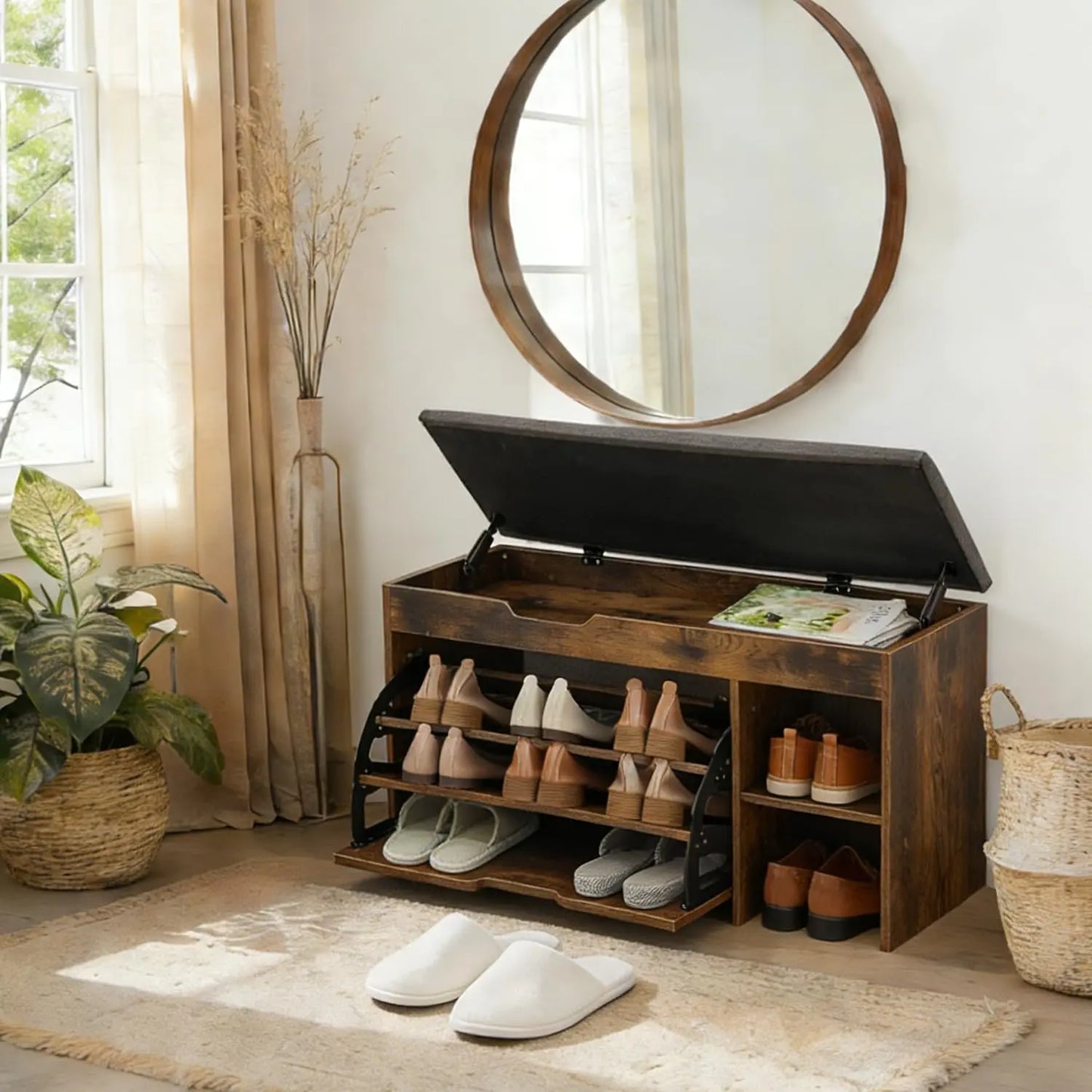 Entryway Shoe Storage Bench With Flip Drawers And Lift Top