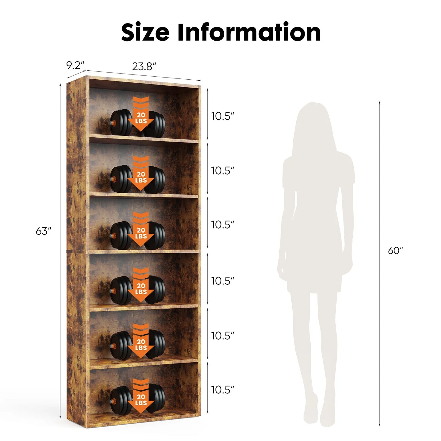 JHK 6-Tier Wooden Bookshelf Floor Standing For Living Room