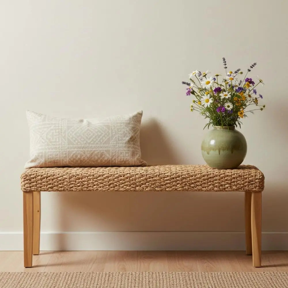 Indoor Wicker Bench With Solid Wood Frame Boho Style