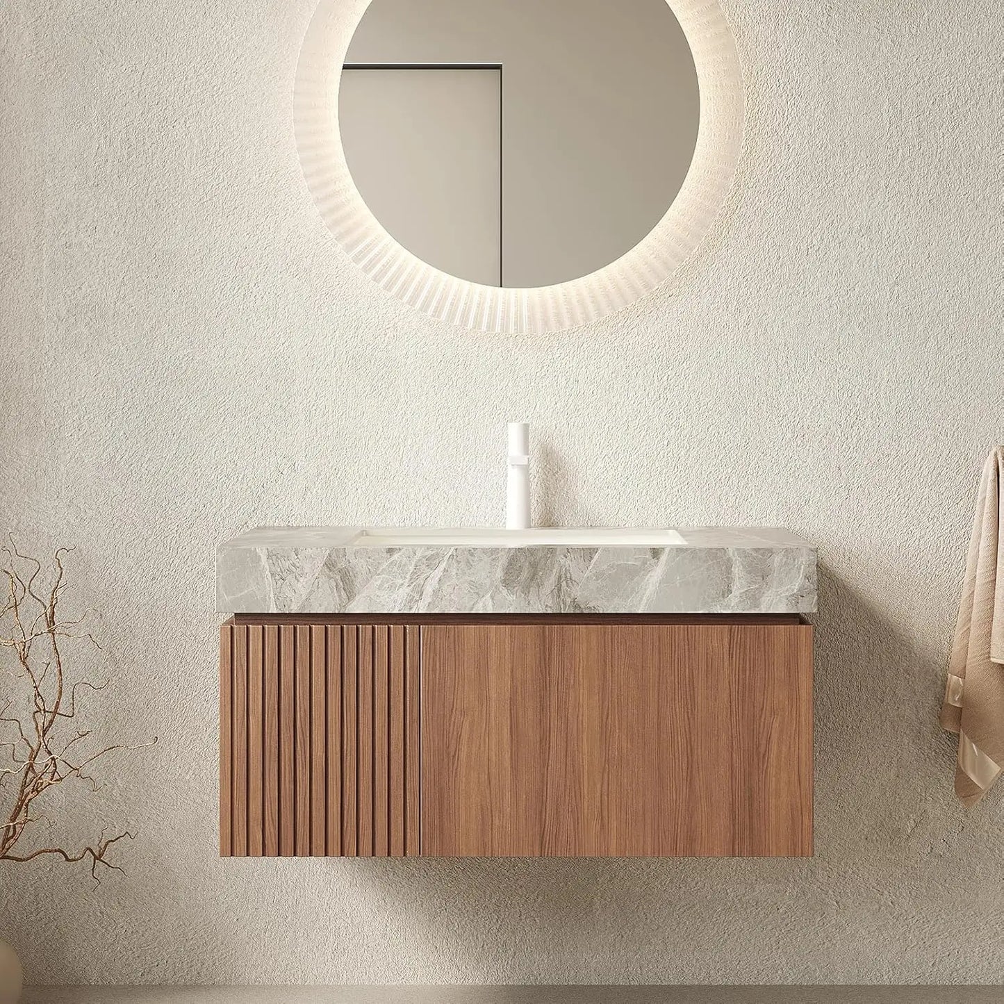 Wall Mounted Bathroom Vanity With Ceramic Basin And Travertine Countertop