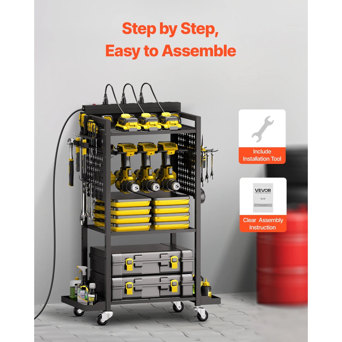 4-Tier Tool Organizer Cart With Charging Station And Outlets