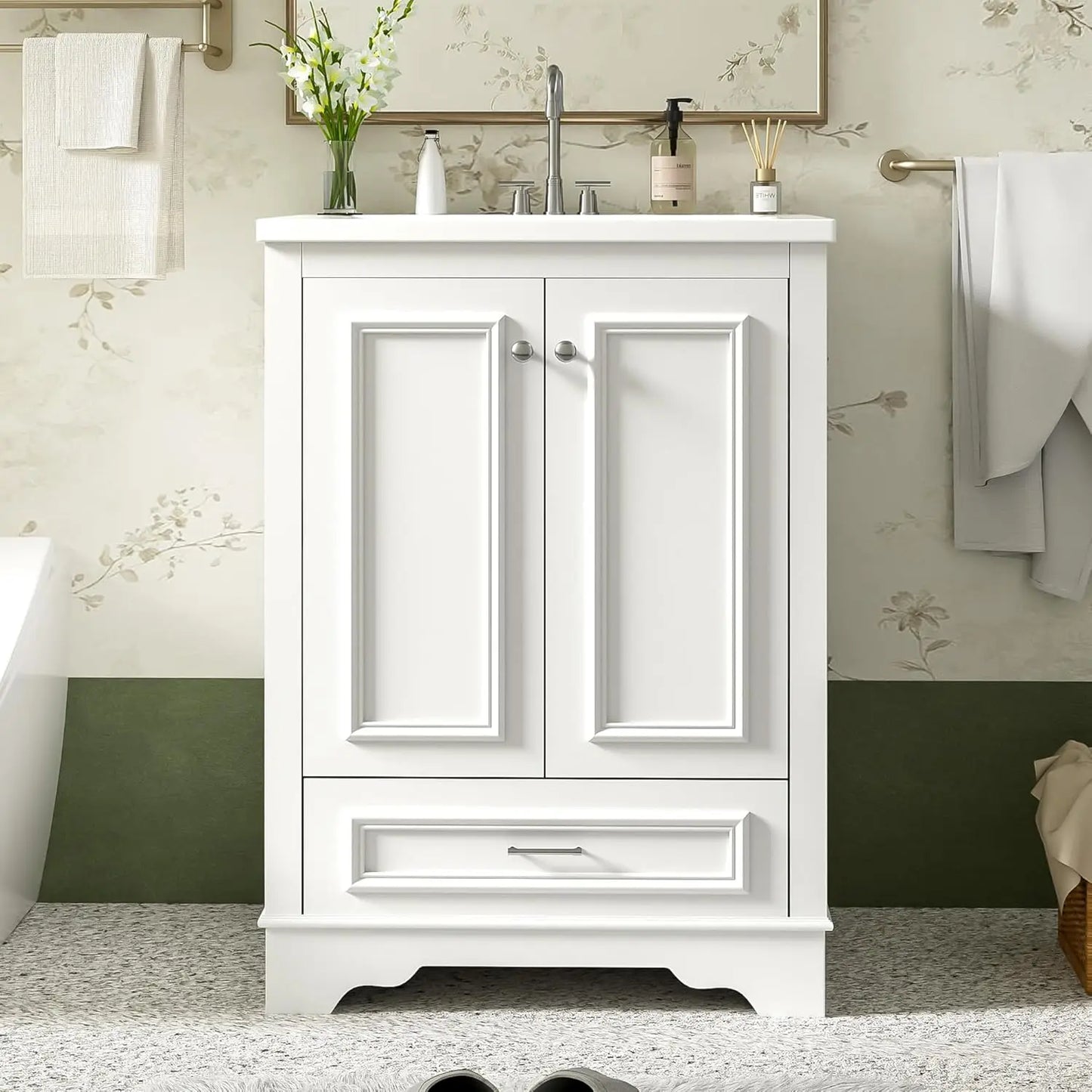 Wood Bathroom Vanity Cabinet With Ceramic Sink And Adjustable Shelf