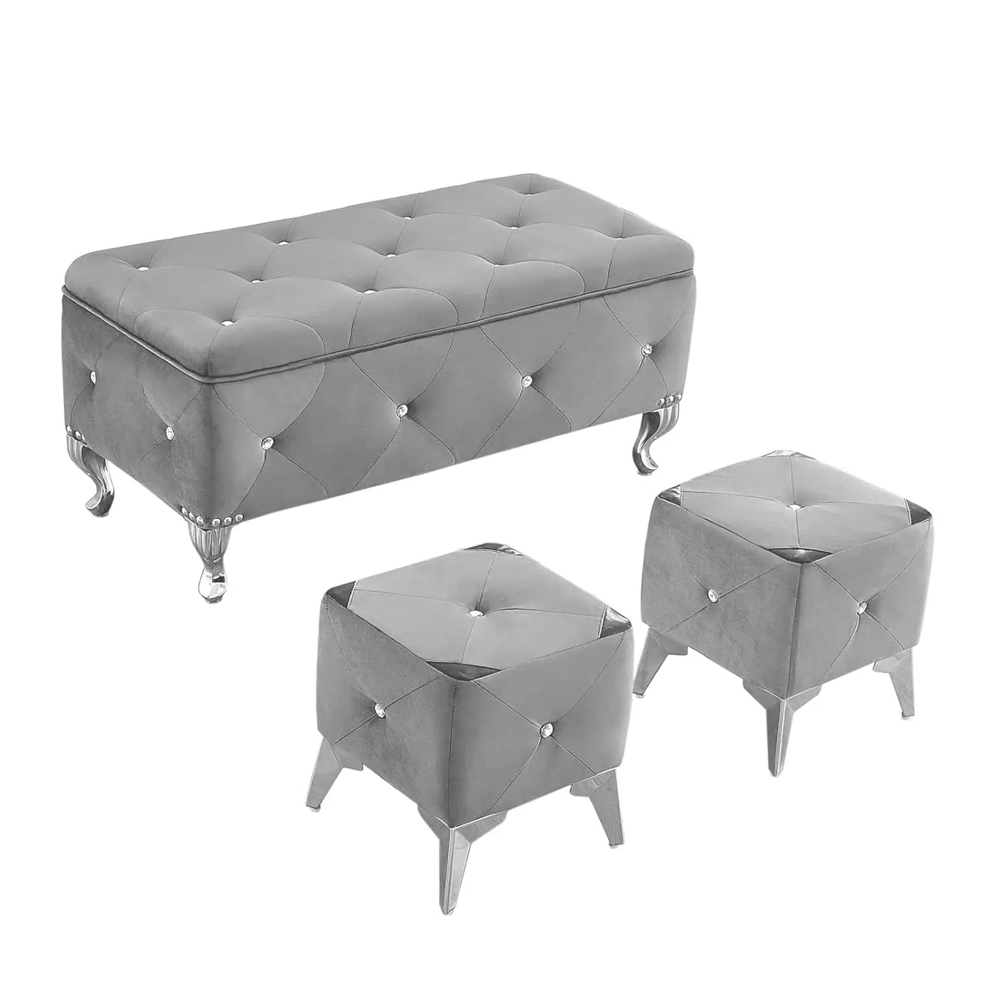 Velvet Storage Ottoman Bench Set With Two Ottomans