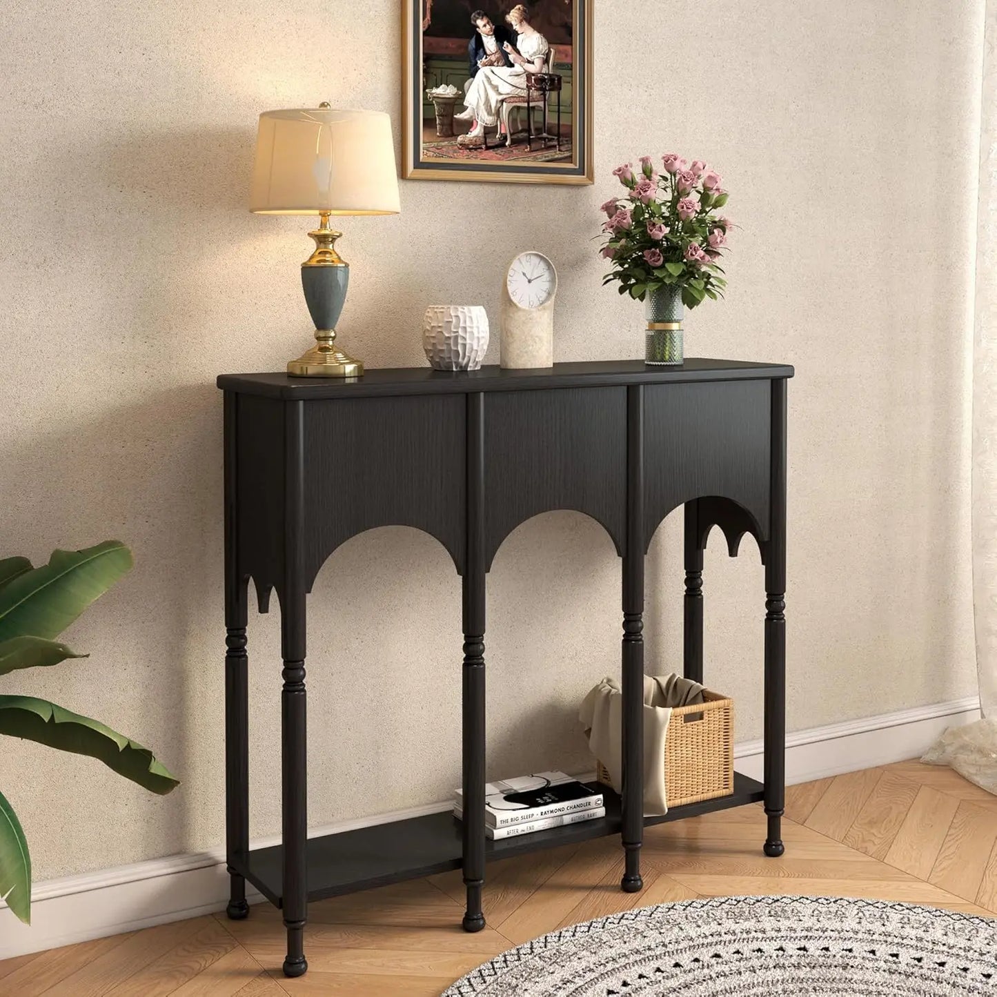 Wooden Console Table With Storage Shelf And Roman Legs