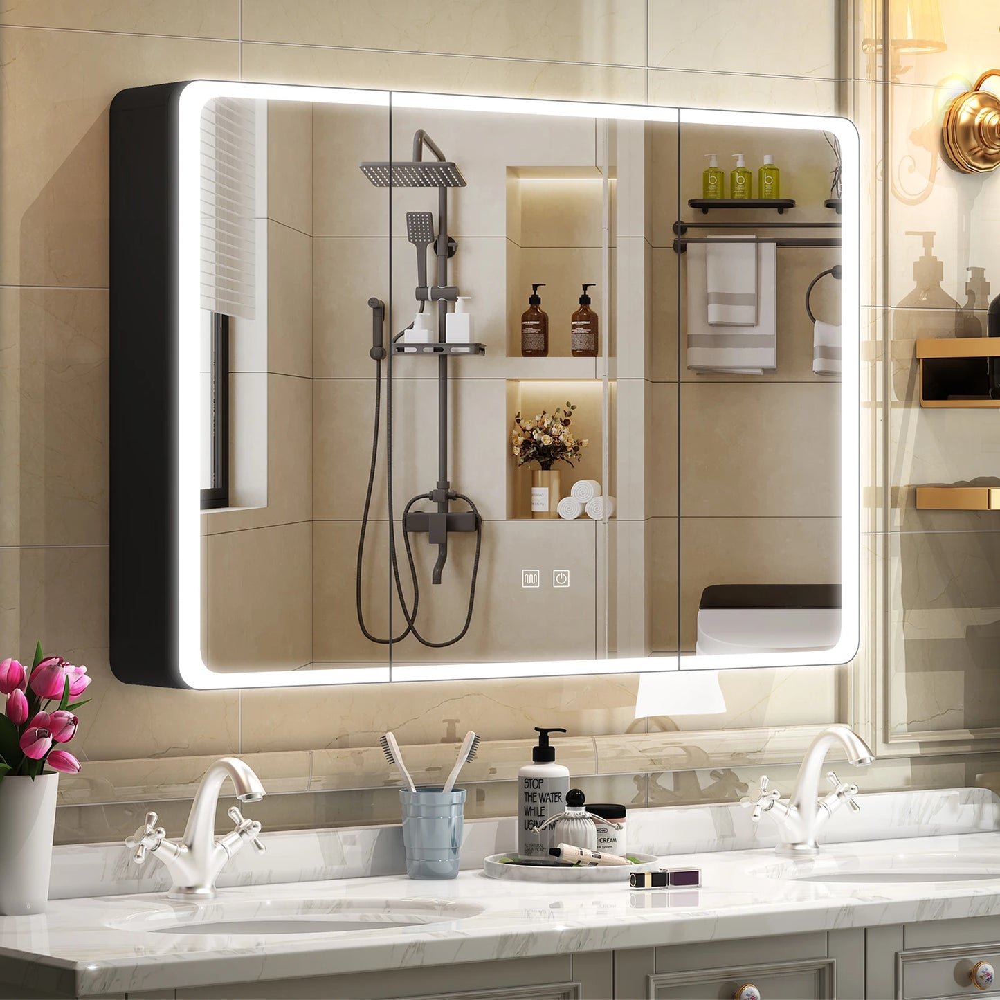 Onesaimei LED Bathroom Medicine Cabinet Mirror 2 Doors