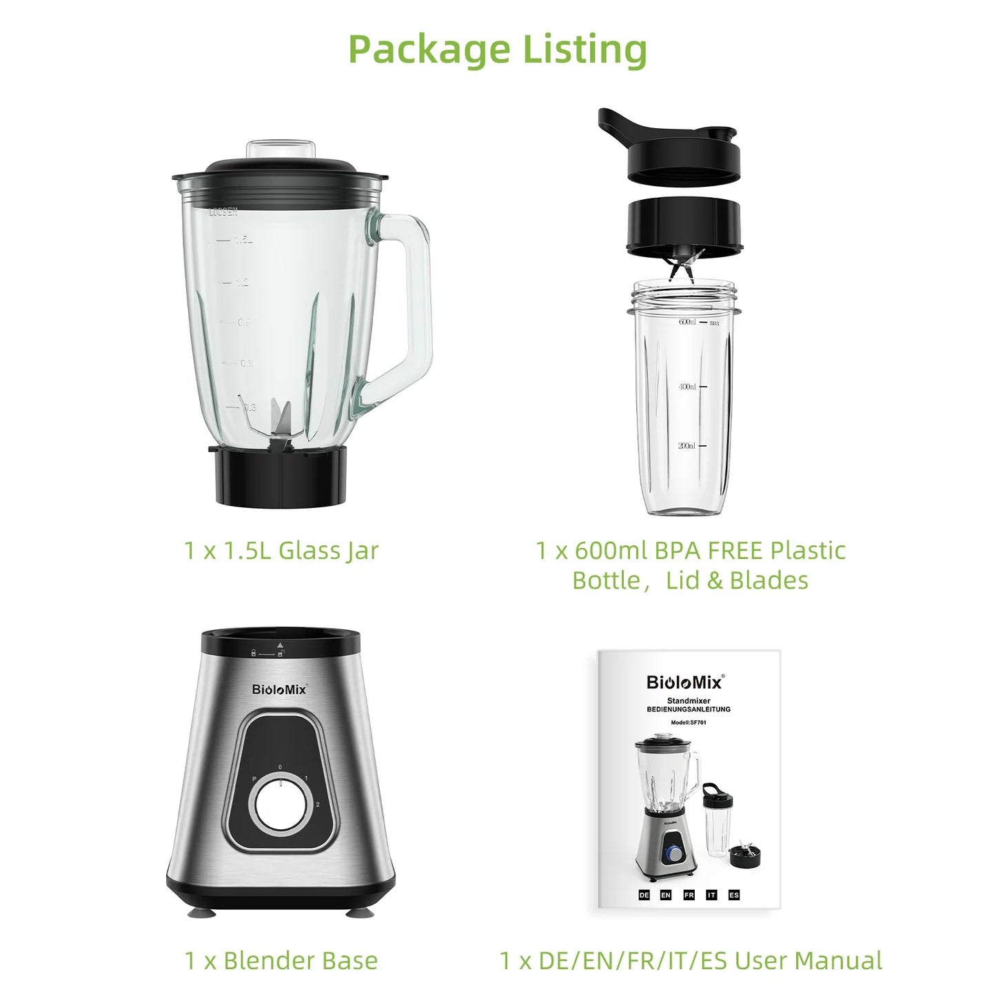 Biolomix 1300W Blender With 1.5L Glass Jar For Frozen Drinks