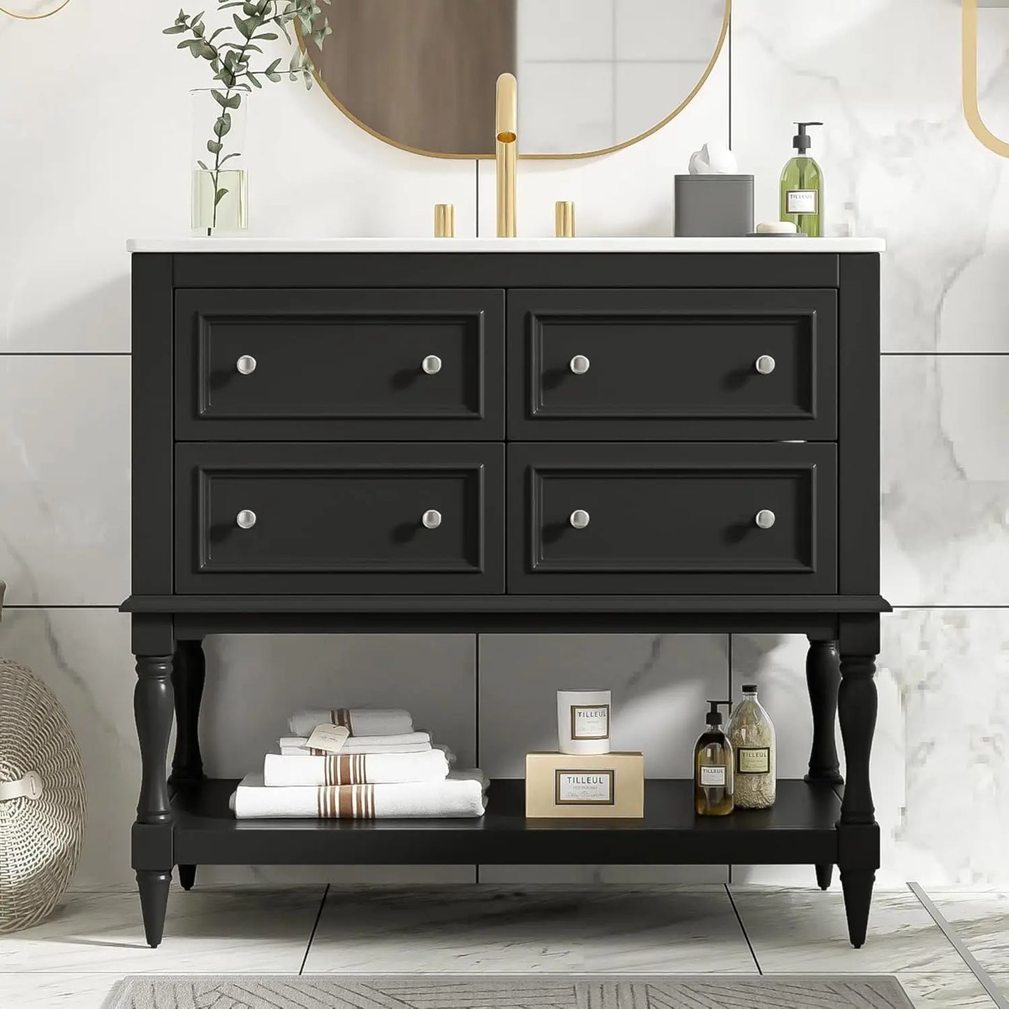 Farmhouse Bathroom Vanity With Sink Four Drawers And Open Shelf