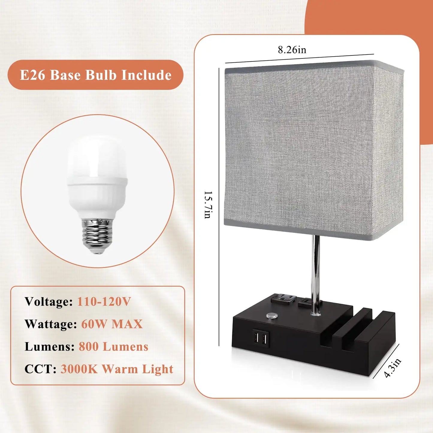 SZRSTH Dimmable Bedside Table Lamp With USB Charging Ports