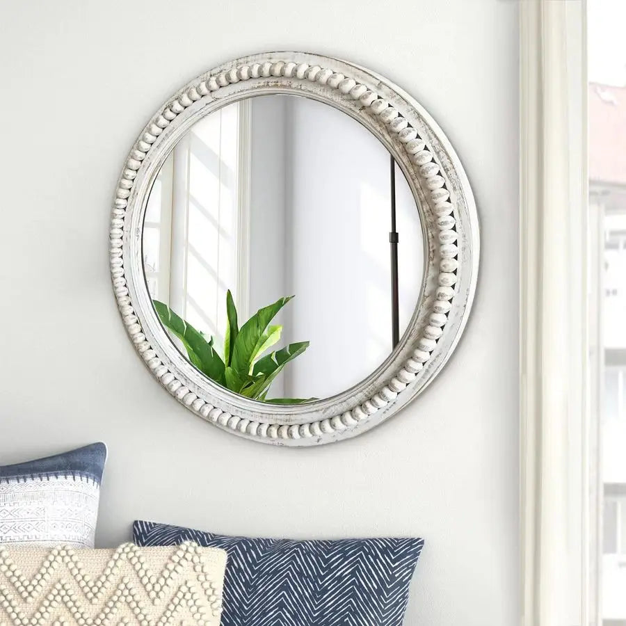 Round Beaded Wood Wall Mirror for Living Room and Entryway