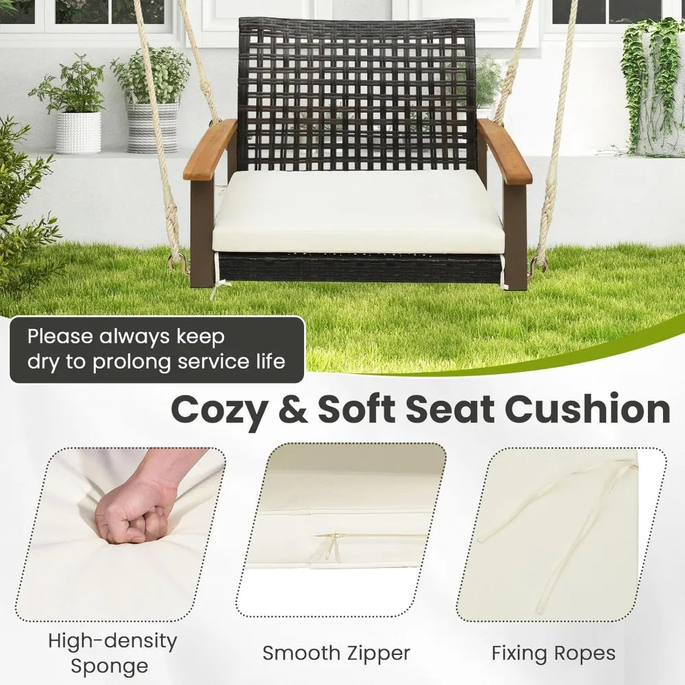 Rattan Porch Swing Chair With Cushion Acacia Wood Armrests Metal Frame Outdoor