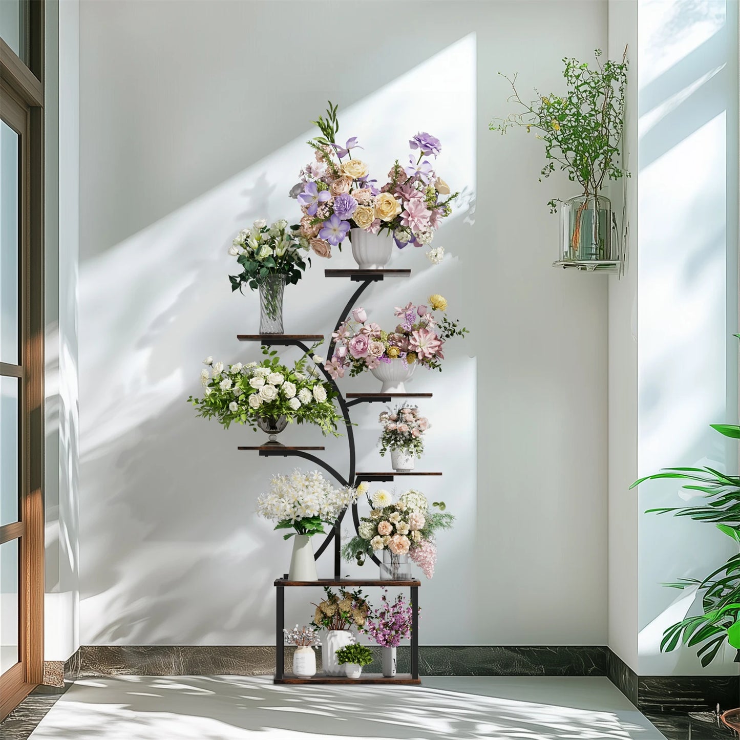 Metal 7-Tier Tree Shaped Plant Stand With Lights Indoor Outdoor
