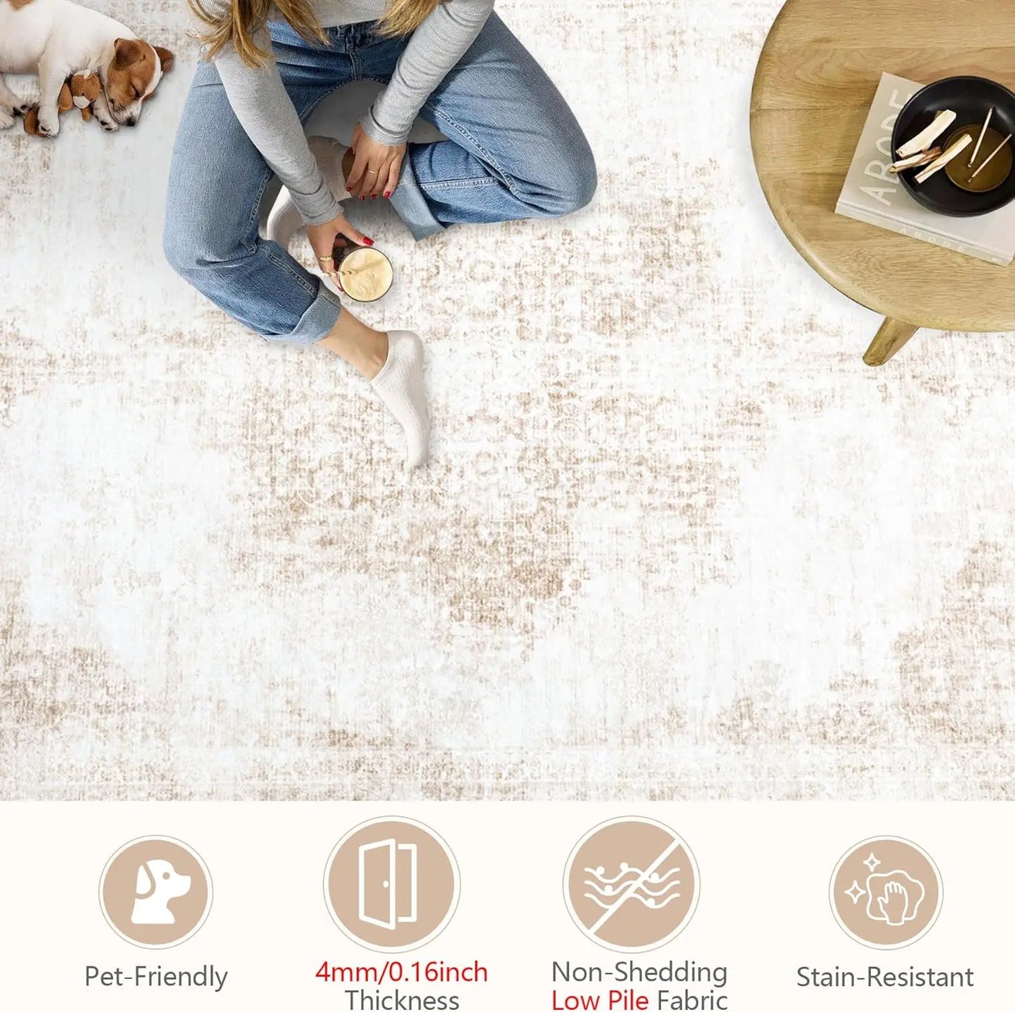 Vintage Washable Non-Slip Low-Pile Area Rug for Living Rooms