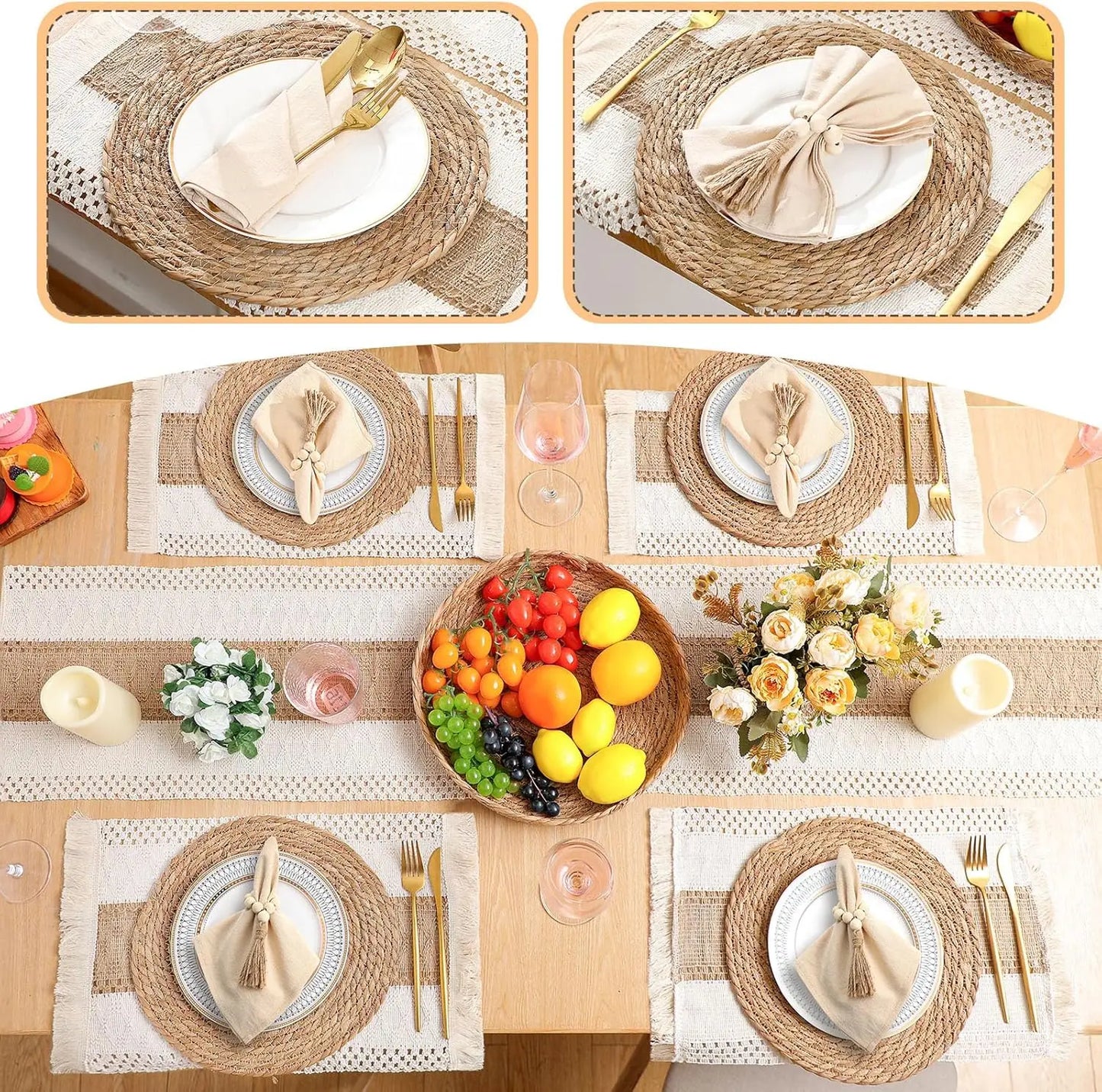 Boho Placemats Set With Napkins And Wood Bead Rings