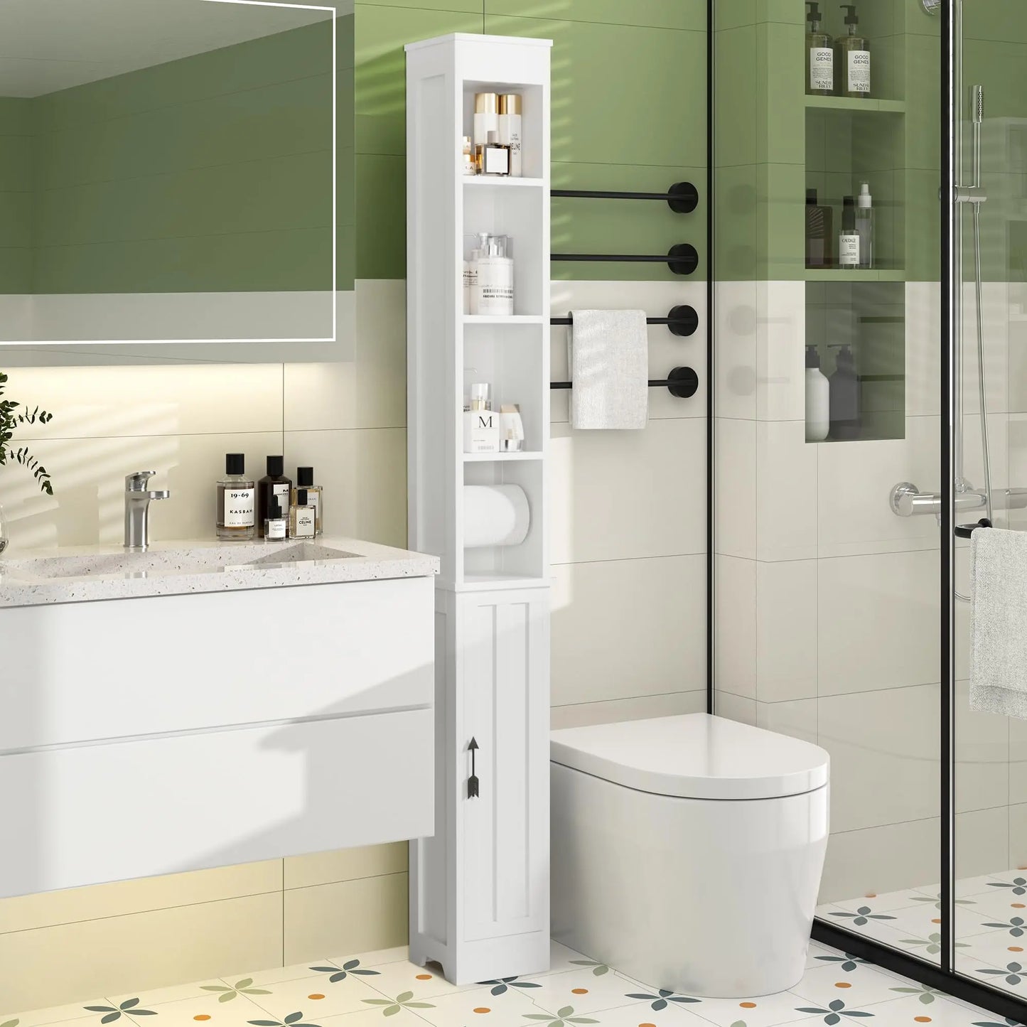 XIUWO Narrow Bathroom Storage Cabinet With Toilet Paper Holder