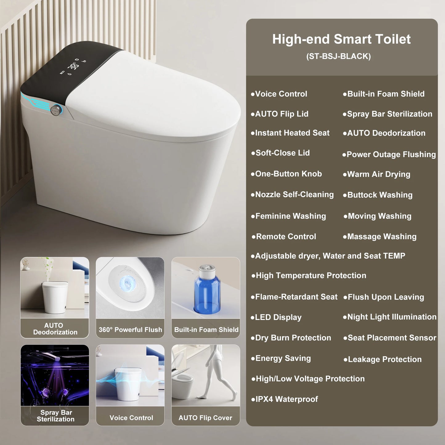 Smart Elongated Toilet With Built-In Bidet Warm Water And Dryer
