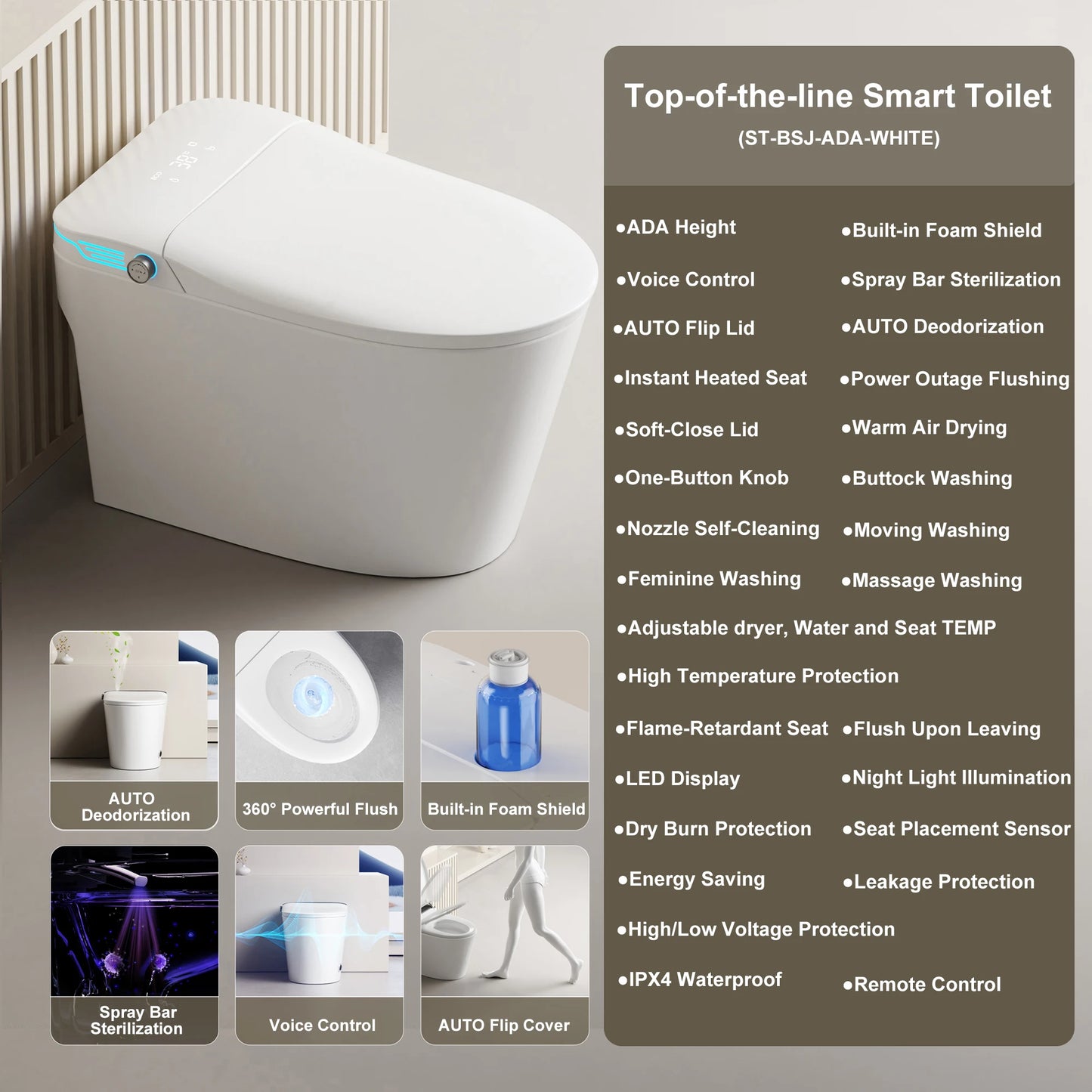 Smart Elongated Toilet With Built-In Bidet Warm Water And Dryer