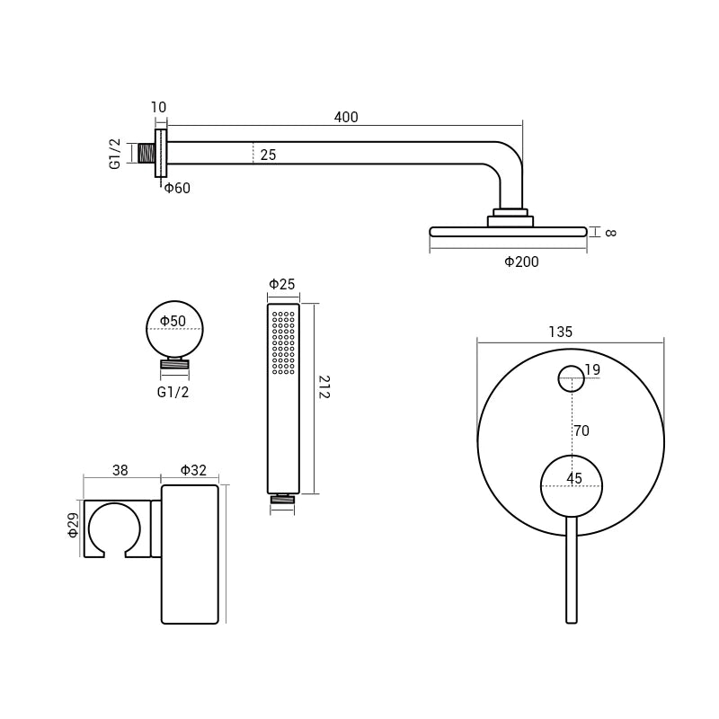 Bagnolux Brushed Shower System With Wall Mounted Diverter