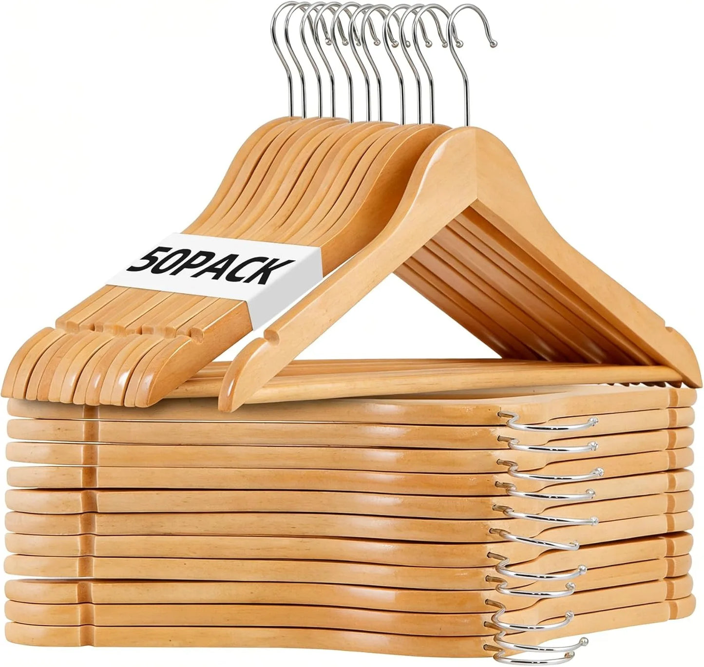 Wooden Coat Hangers 50 Pack With 360 Degree Rotatable Hook
