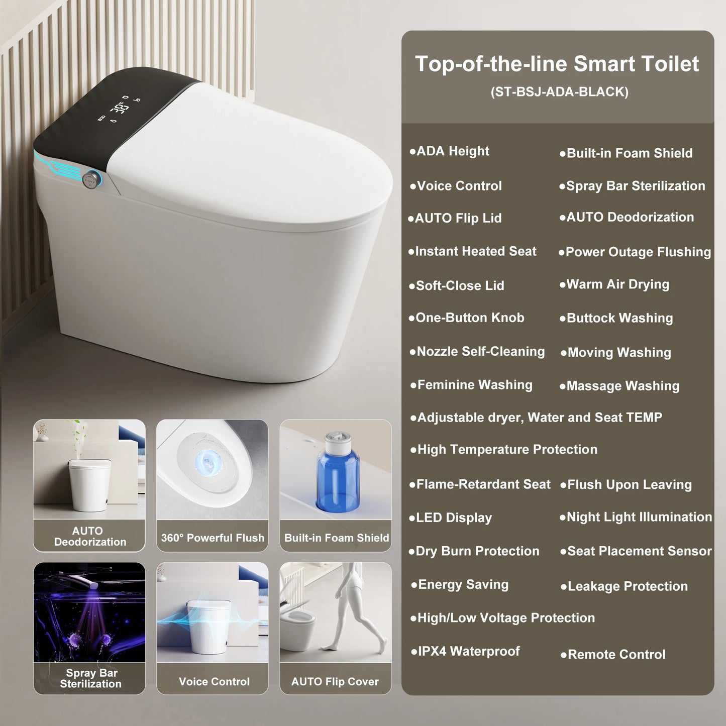 Smart Elongated Toilet With Built-In Bidet Warm Water And Dryer