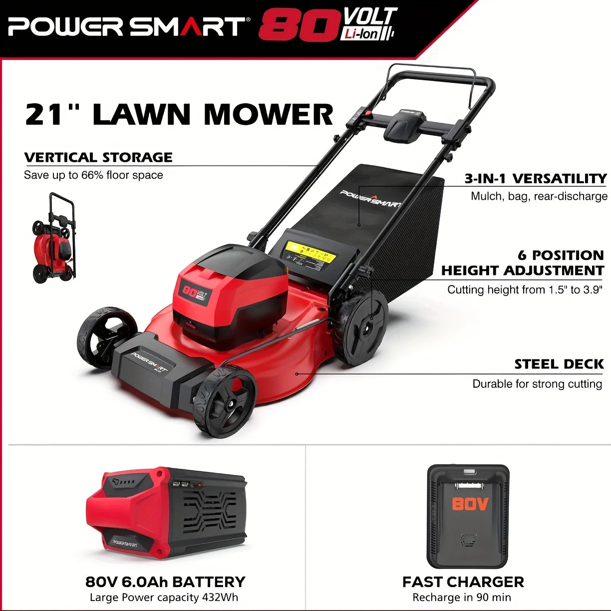 PowerSmart 80V Cordless 3-In-1 Lawn Mower