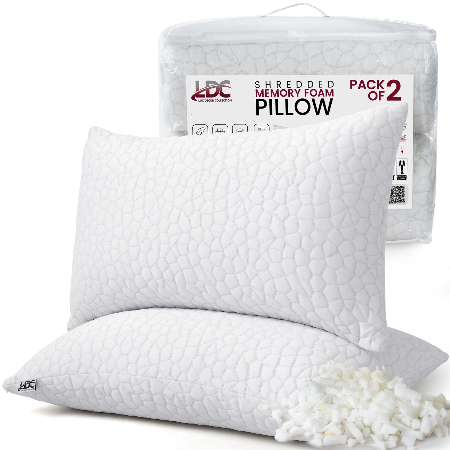 Lux Decor Shredded Memory Foam Pillows 2 Pack Washable Cover