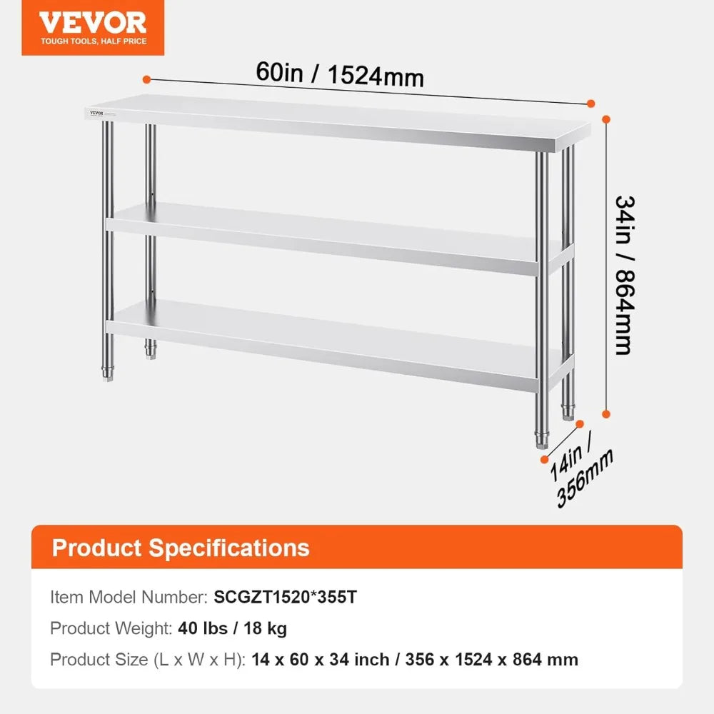 Commercial Stainless Steel Heavy Duty Work Table With Adjustable Shelves
