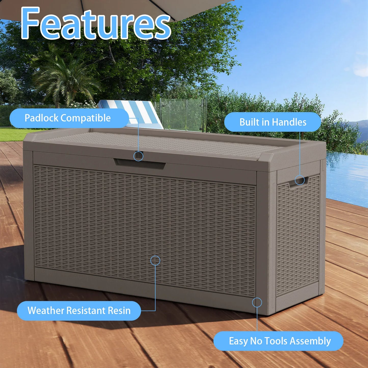 Outdoor Resin Deck Storage Box Lockable For Patio Furniture