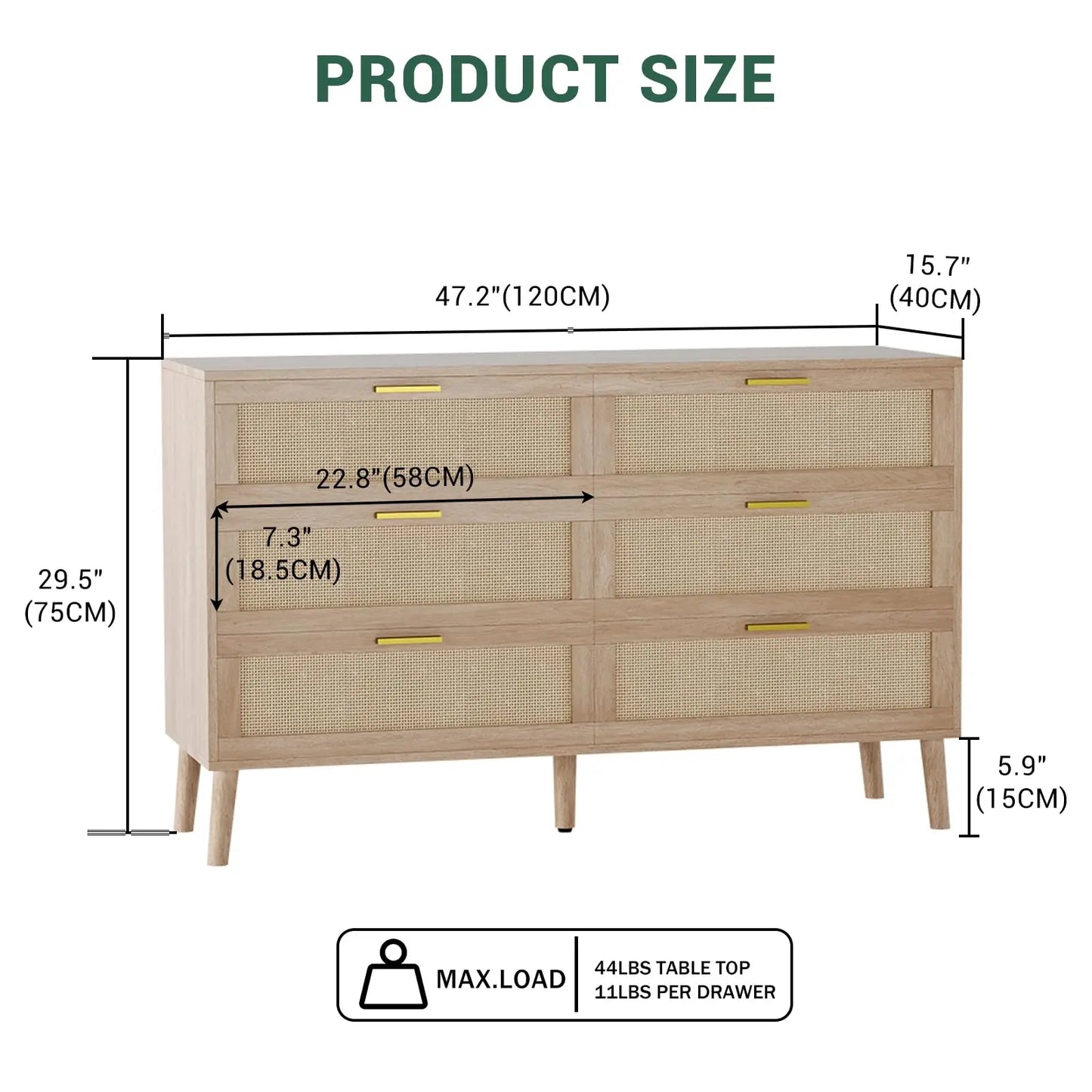 HiMISS Mid Century Modern 6 Drawer Dresser With Gold Handles