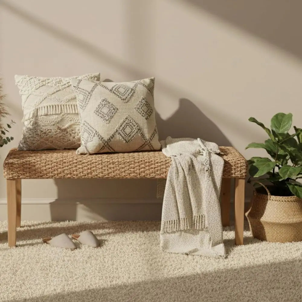 Indoor Wicker Bench With Solid Wood Frame Boho Style