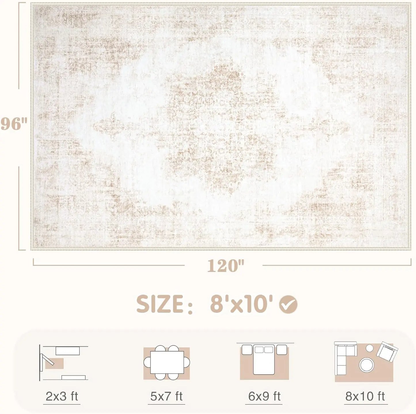 Vintage Washable Non-Slip Low-Pile Area Rug for Living Rooms