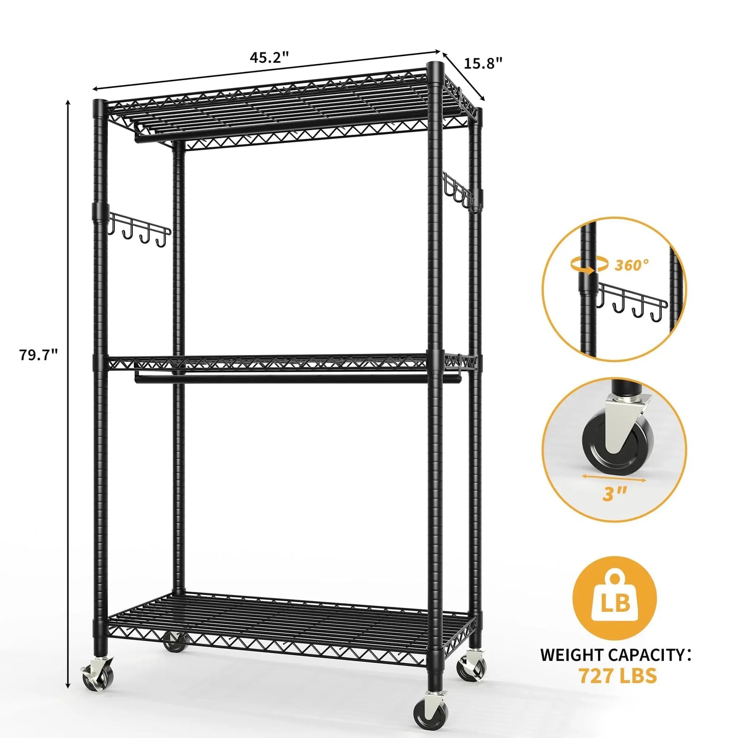 HiMISS 3 Tier Rolling Garment Rack Dual Rods With Wheels