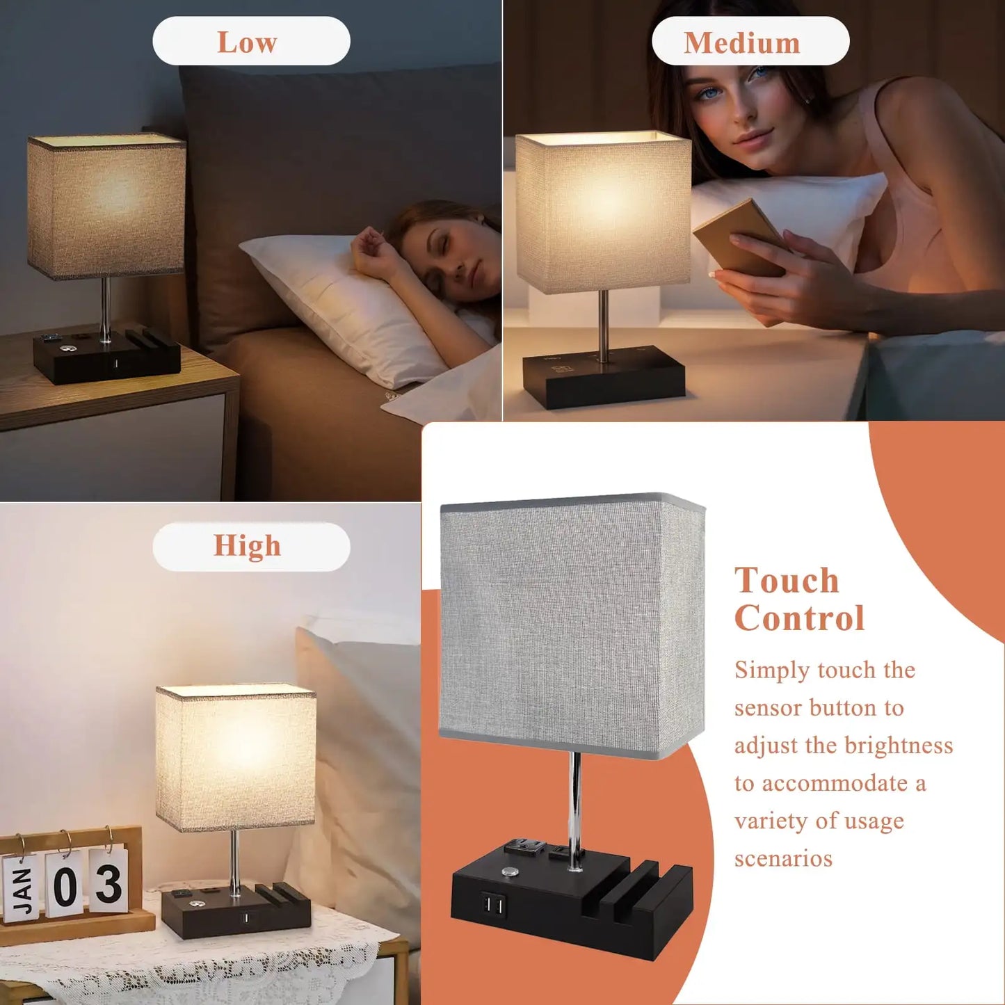SZRSTH Dimmable Bedside Table Lamp With USB Charging Ports