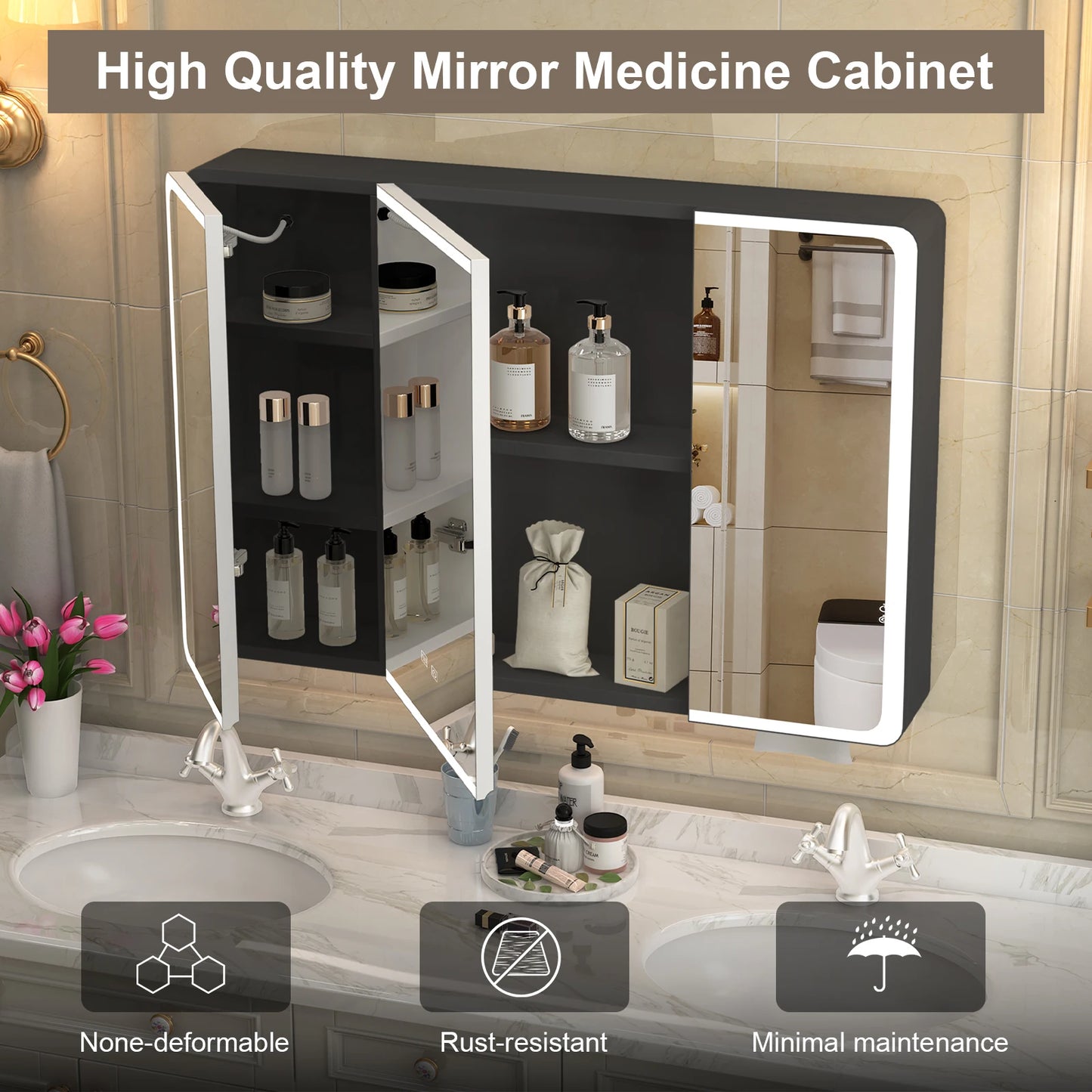Onesaimei LED Bathroom Medicine Cabinet Mirror 2 Doors