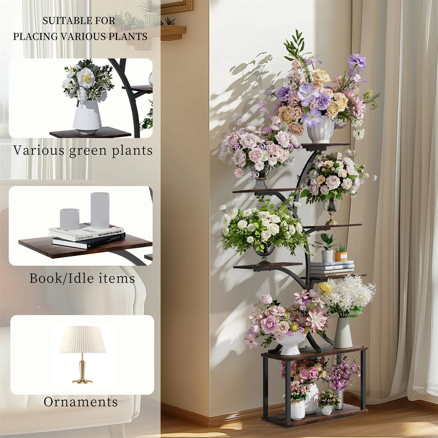 Metal 7-Tier Tree Shaped Plant Stand With Lights Indoor Outdoor