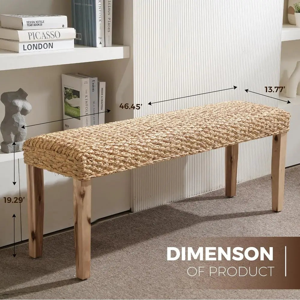 Indoor Wicker Bench With Solid Wood Frame Boho Style