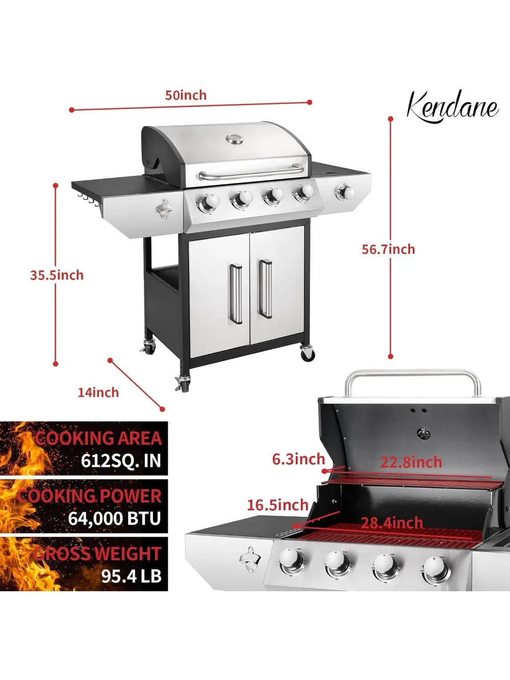 4-Burner Propane Gas BBQ Grill 53K BTU With Side Burner