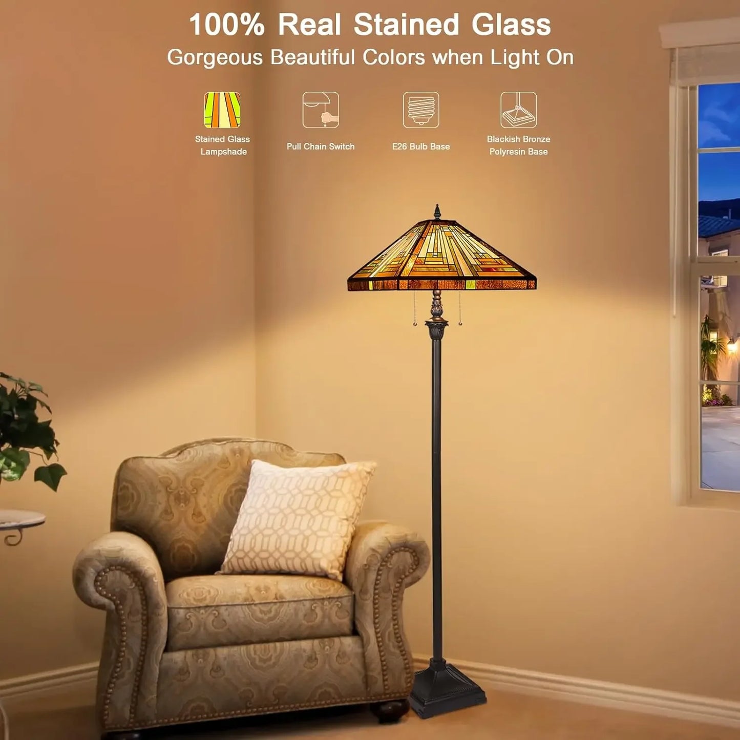 Tiffany Stained Glass Floor Lamp 2-Light Antique Style