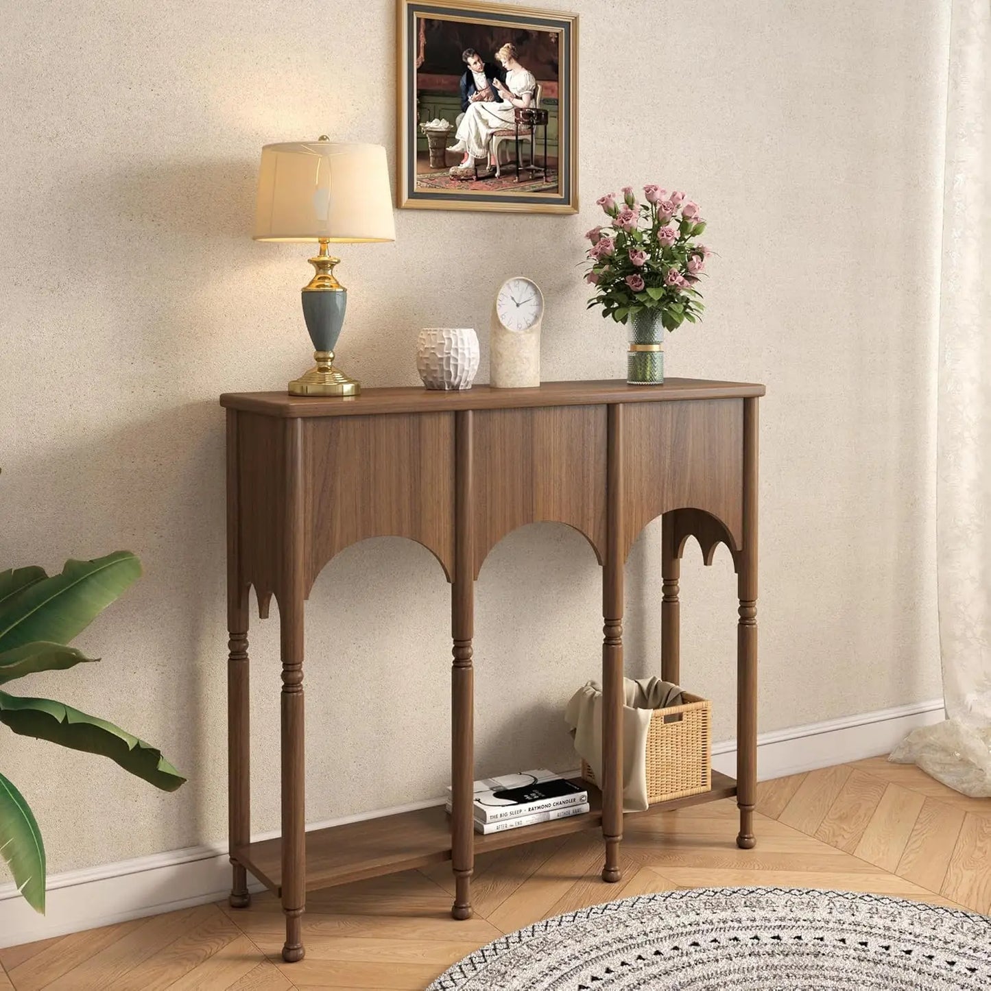 Wooden Console Table With Storage Shelf And Roman Legs
