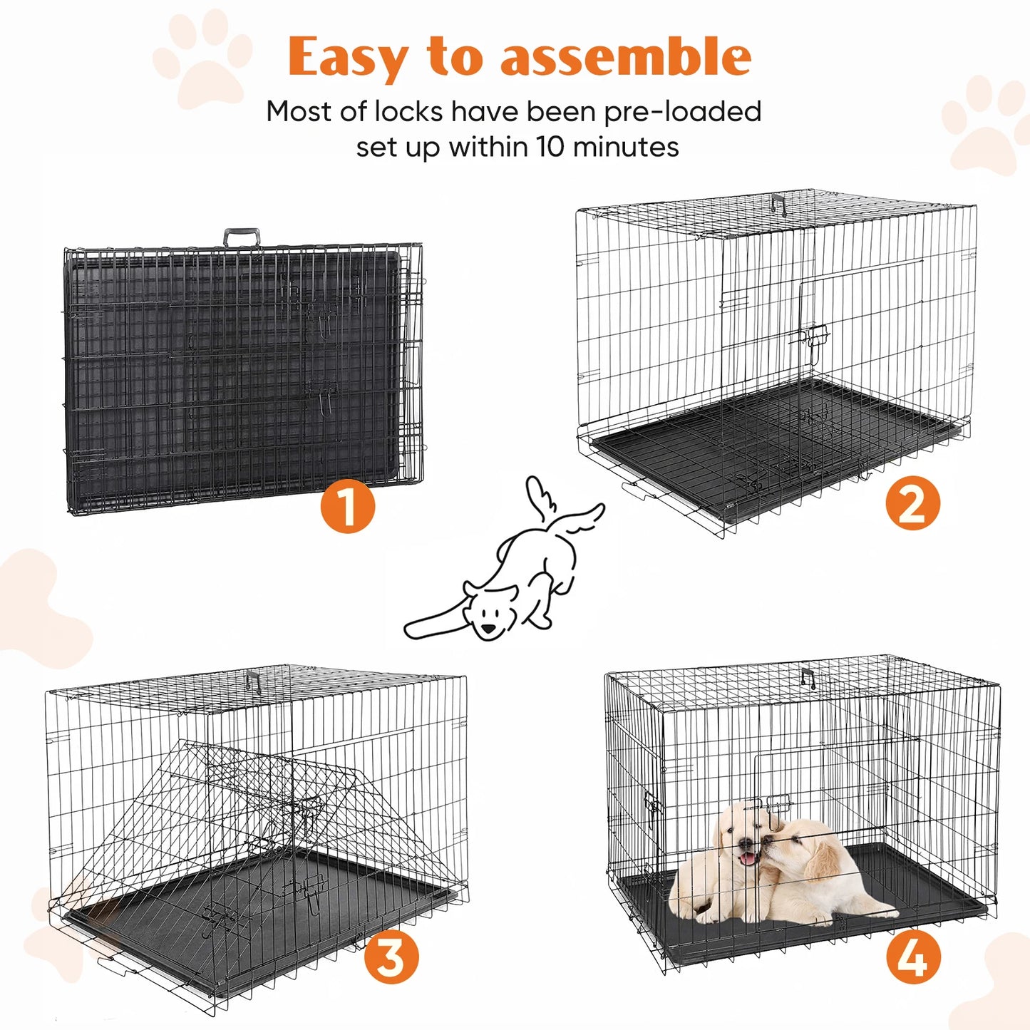 JHK Double Door Folding Metal Wire Dog Cage Pan Tray