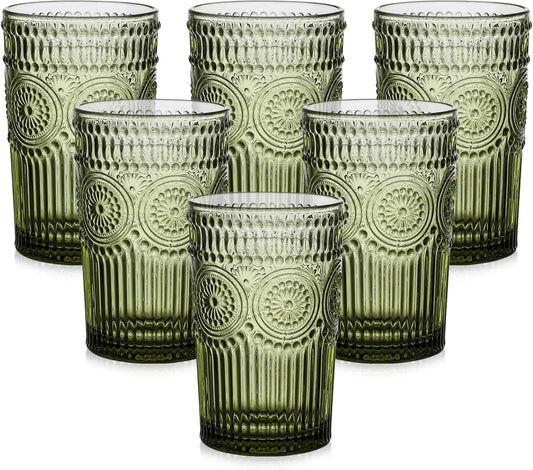 Vintage Textured Flower Glass Tumblers Set of 6 for Water and Cocktails