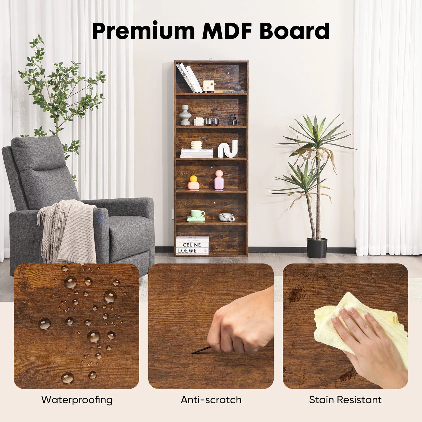 JHK 6-Tier Wooden Bookshelf Floor Standing For Living Room