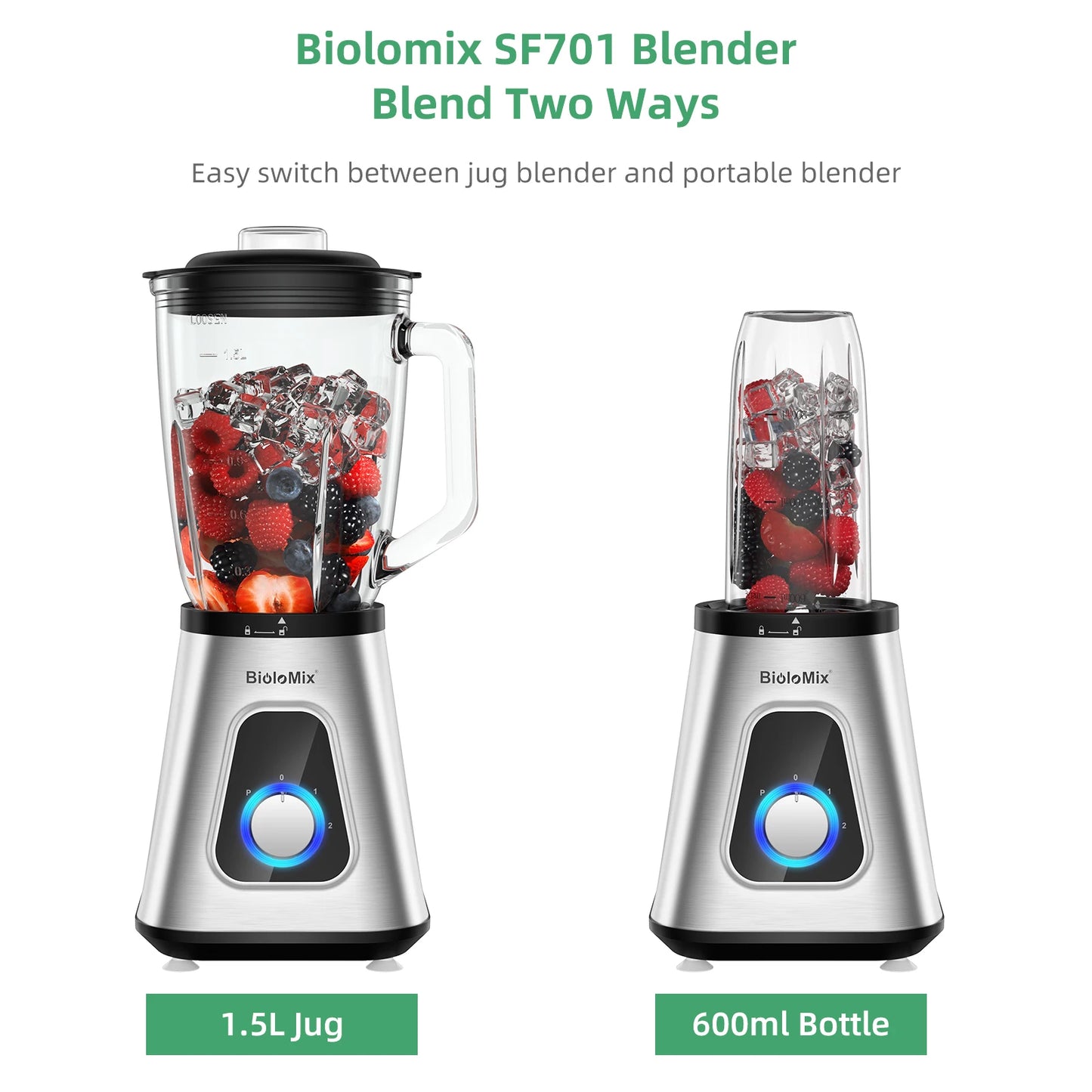 Biolomix 1300W Blender With 1.5L Glass Jar For Frozen Drinks