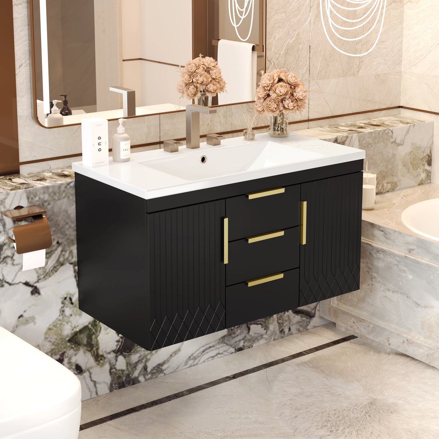 Solid Wood Floating Wall Mounted Bathroom Vanity Without Sink With 2 Drawers