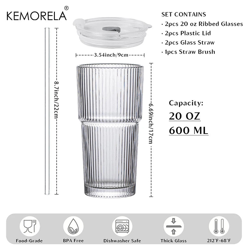 Kemorela Glass Tumblers With Lids And Straws Set Kit