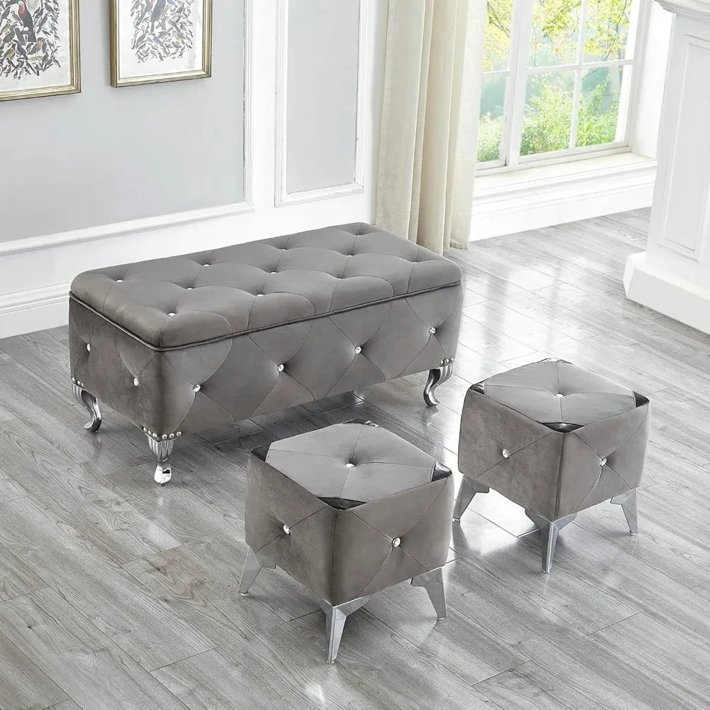 Velvet Storage Ottoman Bench Set With Two Ottomans