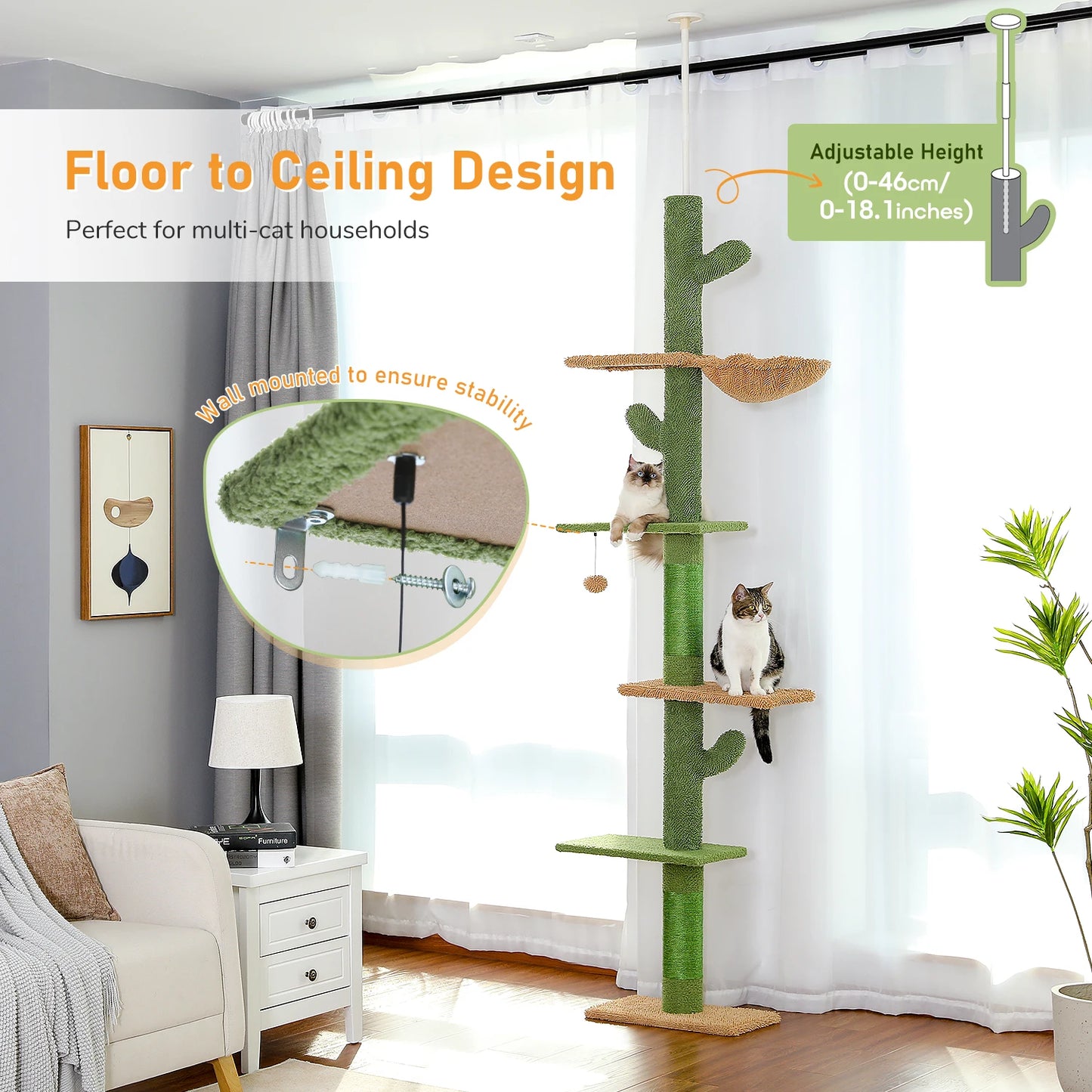PAWZ Road Cat Tree 5 Tier Floor To Ceiling Climbing Tower For Indoor Cats
