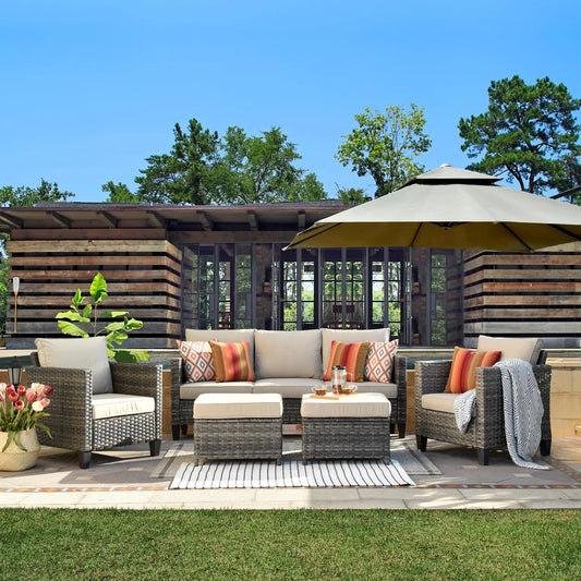 XIAOLANG Outdoor Patio Furniture Set Wicker Rattan Sofa Ottomans