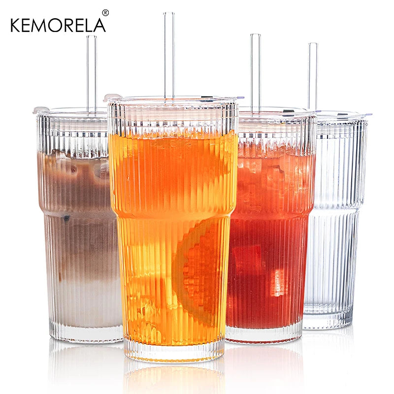 Kemorela Glass Tumblers With Lids And Straws Set Kit