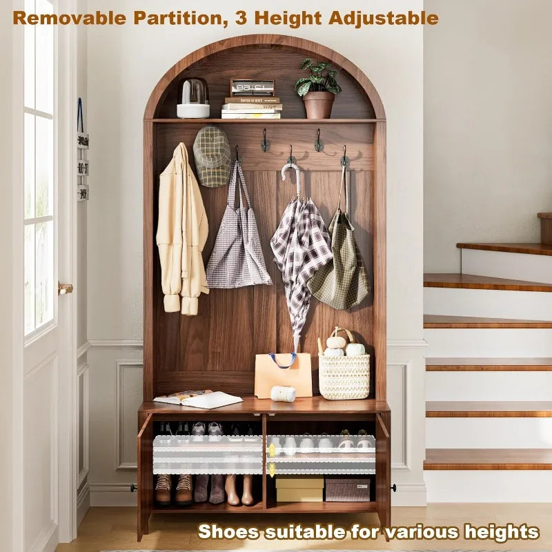 Hall Tree With Bench Coat Rack 7 Hooks Adjustable Shelves